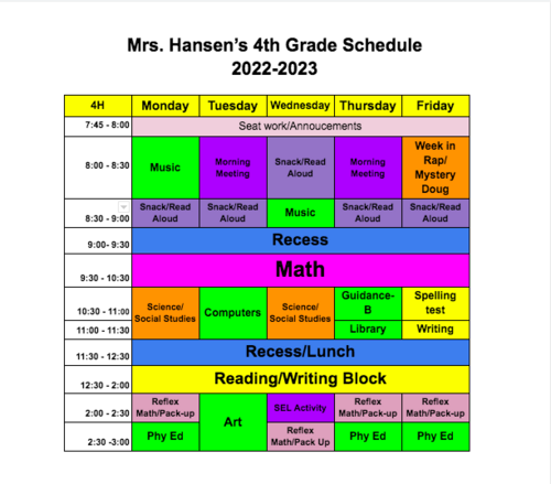 Mrs. Hansen's 4th Grade Schedule 2022-2023